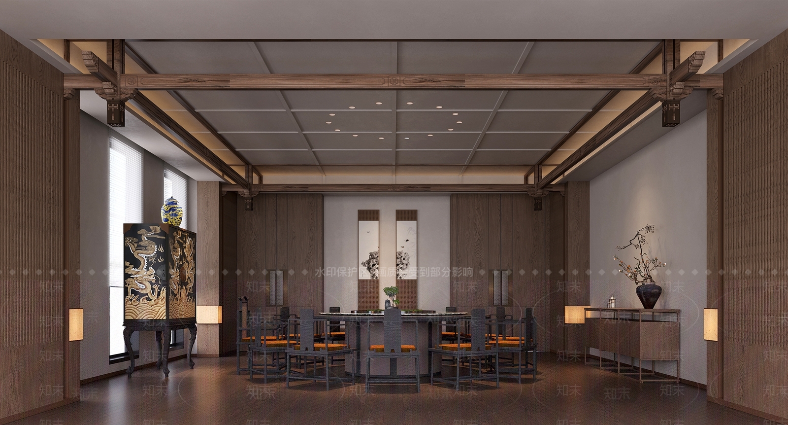 现代新中式酒店餐厅3D模型下载【ID:1203225027】