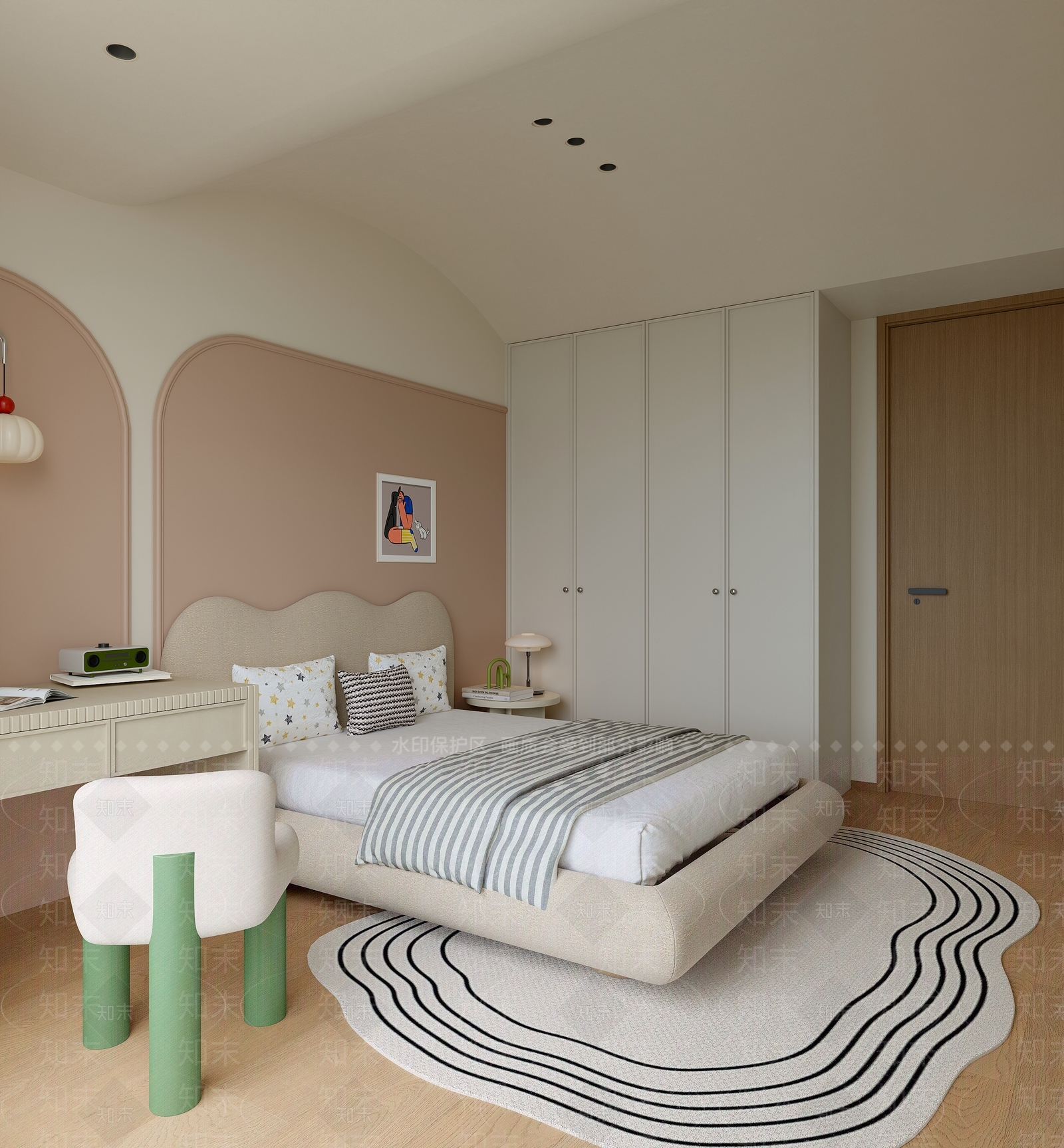 米色双人床家居卧室3D模型下载【ID:1227432949】