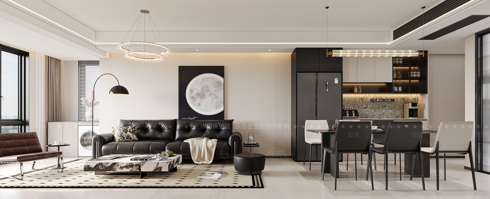现代简约黑白灰客餐厅3D模型下载【ID:1203229896】