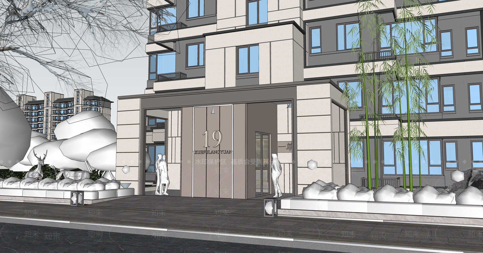 现代新中式小区建筑SU模型下载【ID:1203232771】