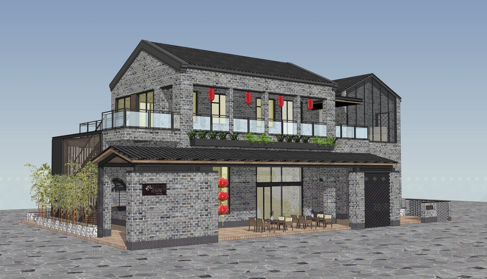 中式复古民宿建筑SU模型下载【ID:1203254886】