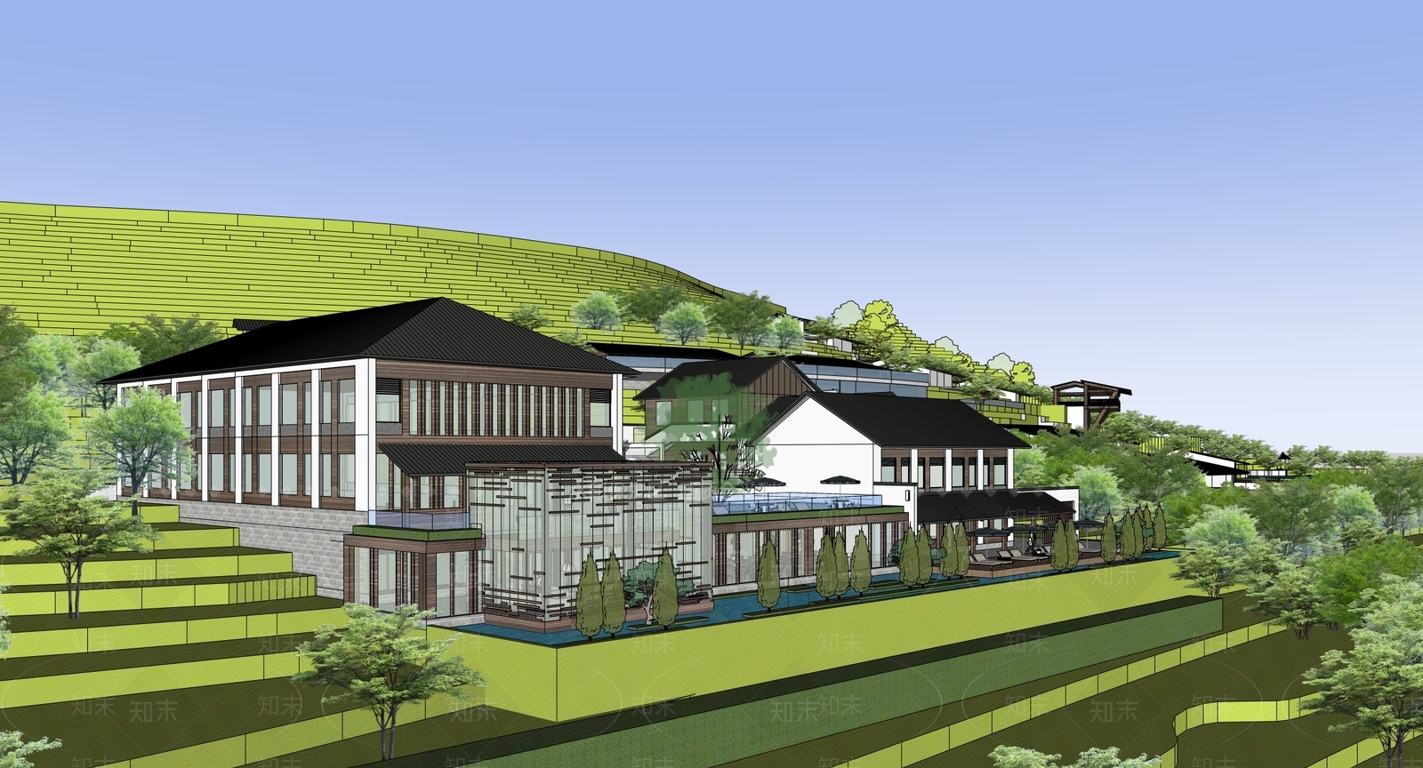 现代新中式民宿建筑SU模型下载【ID:1203265907】