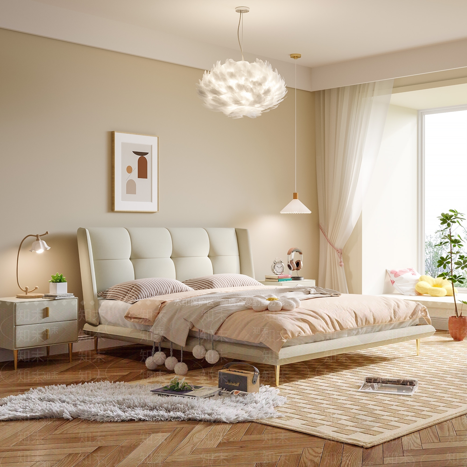 现代奶油双人床3D模型下载【ID:1203273697】