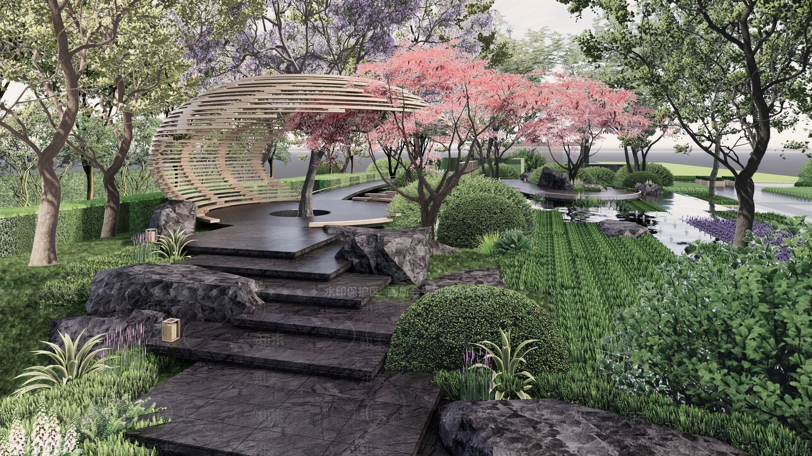 现代新中式小区景观SU模型下载【ID:1203287851】