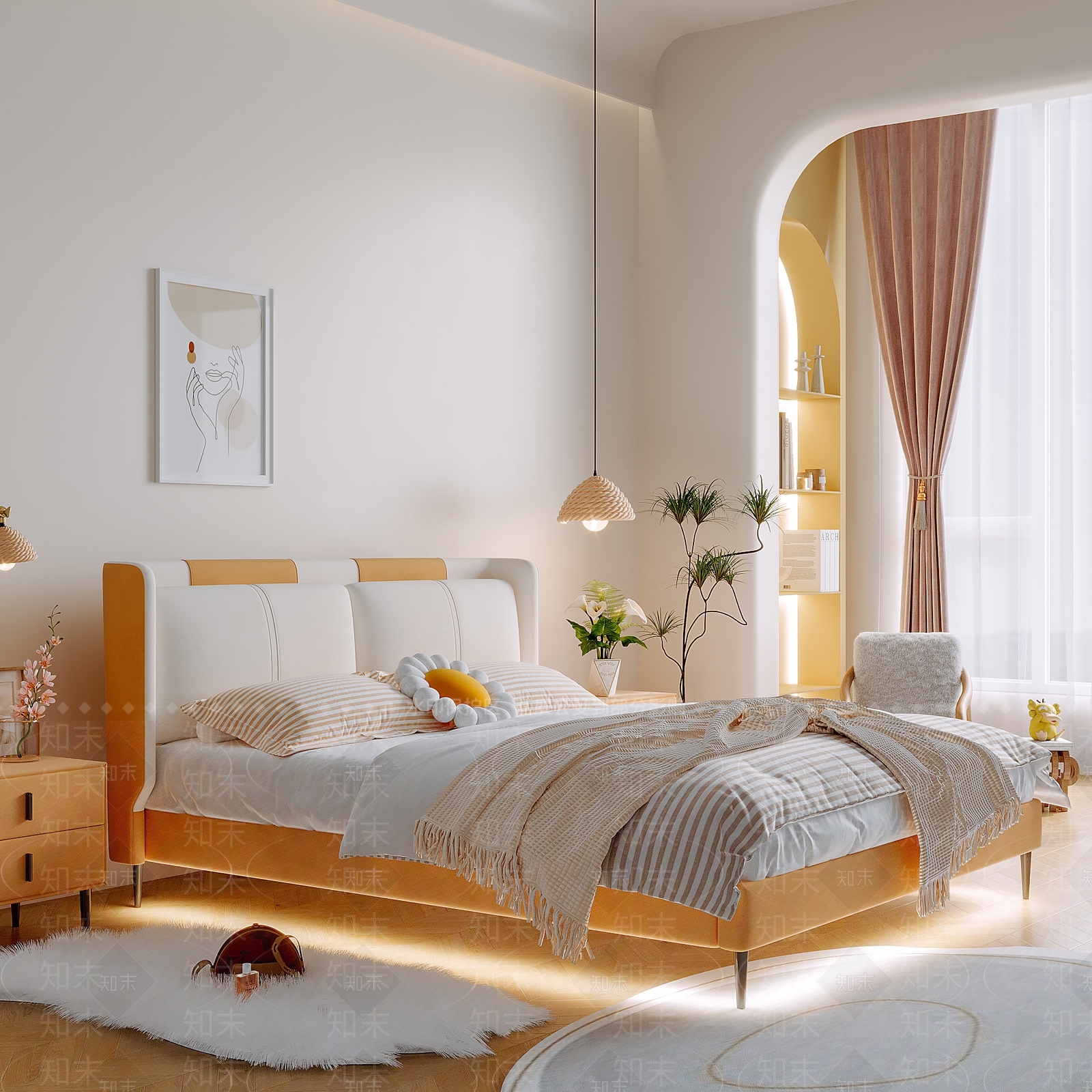 现代奶油双人床3D模型下载【ID:1203302880】