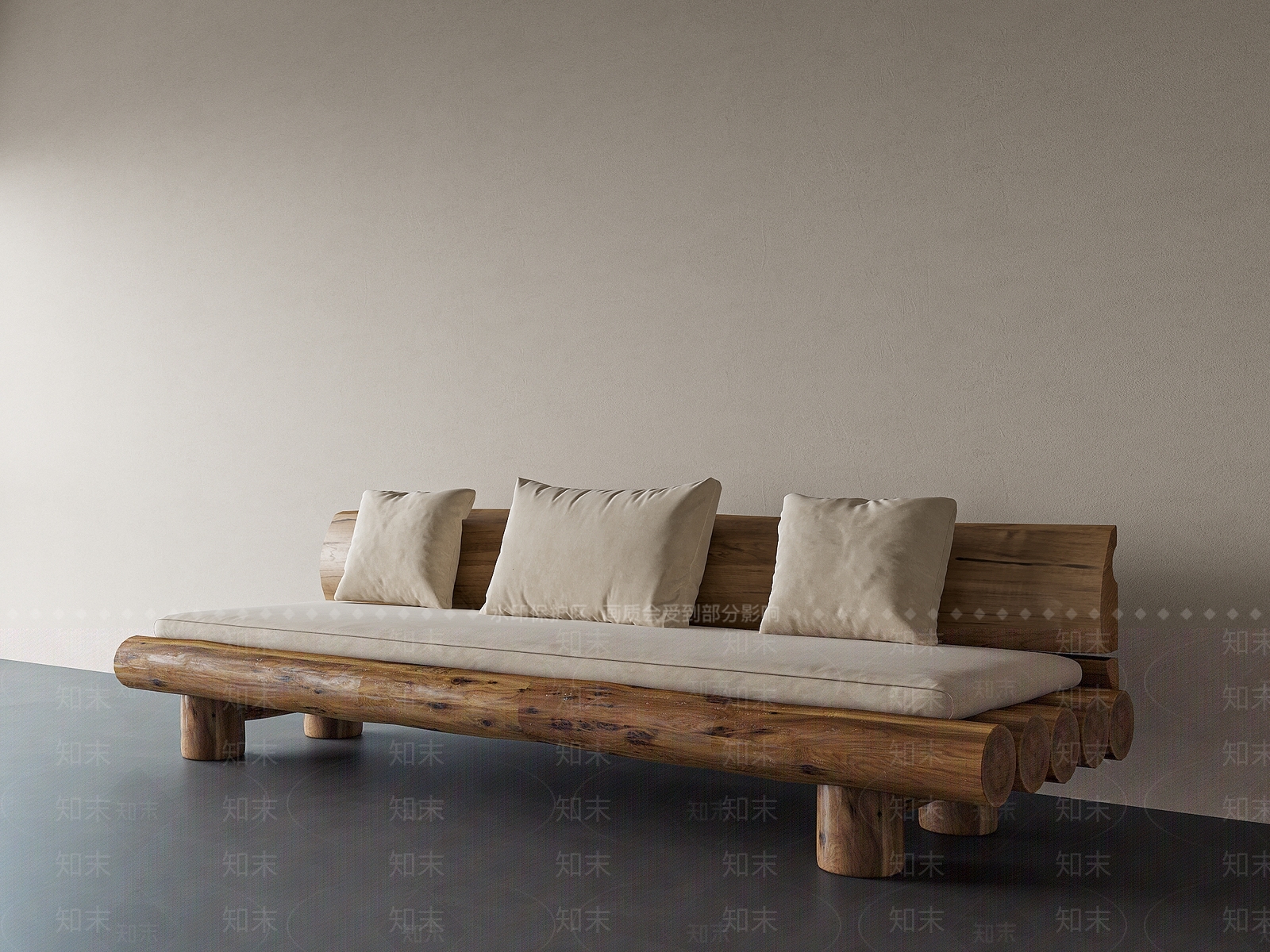 原木侘寂三人沙发3D模型下载【ID:1203308247】