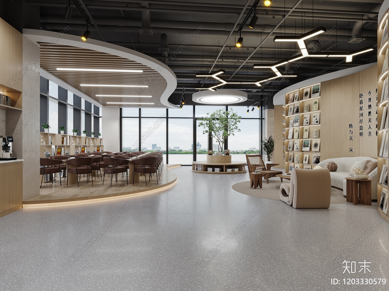 现代新中式书店cad施工图下载【ID:1203330579】