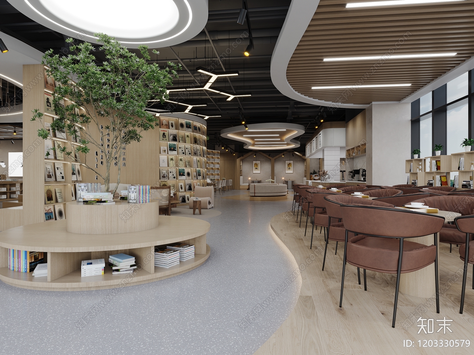 现代新中式书店cad施工图下载【ID:1203330579】