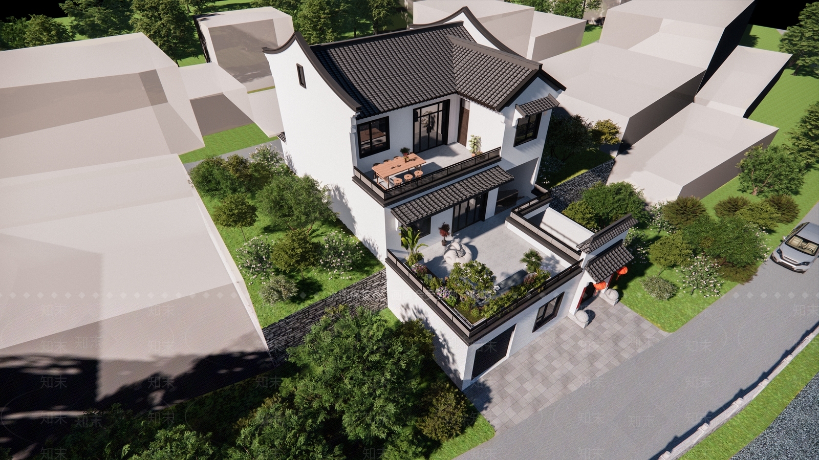 新中式简约乡村民房SU模型下载【ID:1203370303】