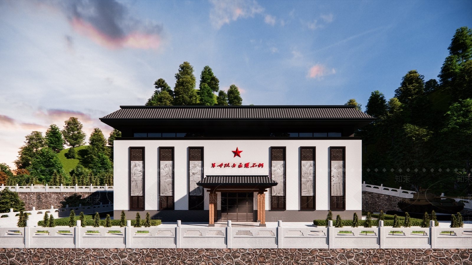 新中式简约展览馆建筑SU模型下载【ID:1203371085】