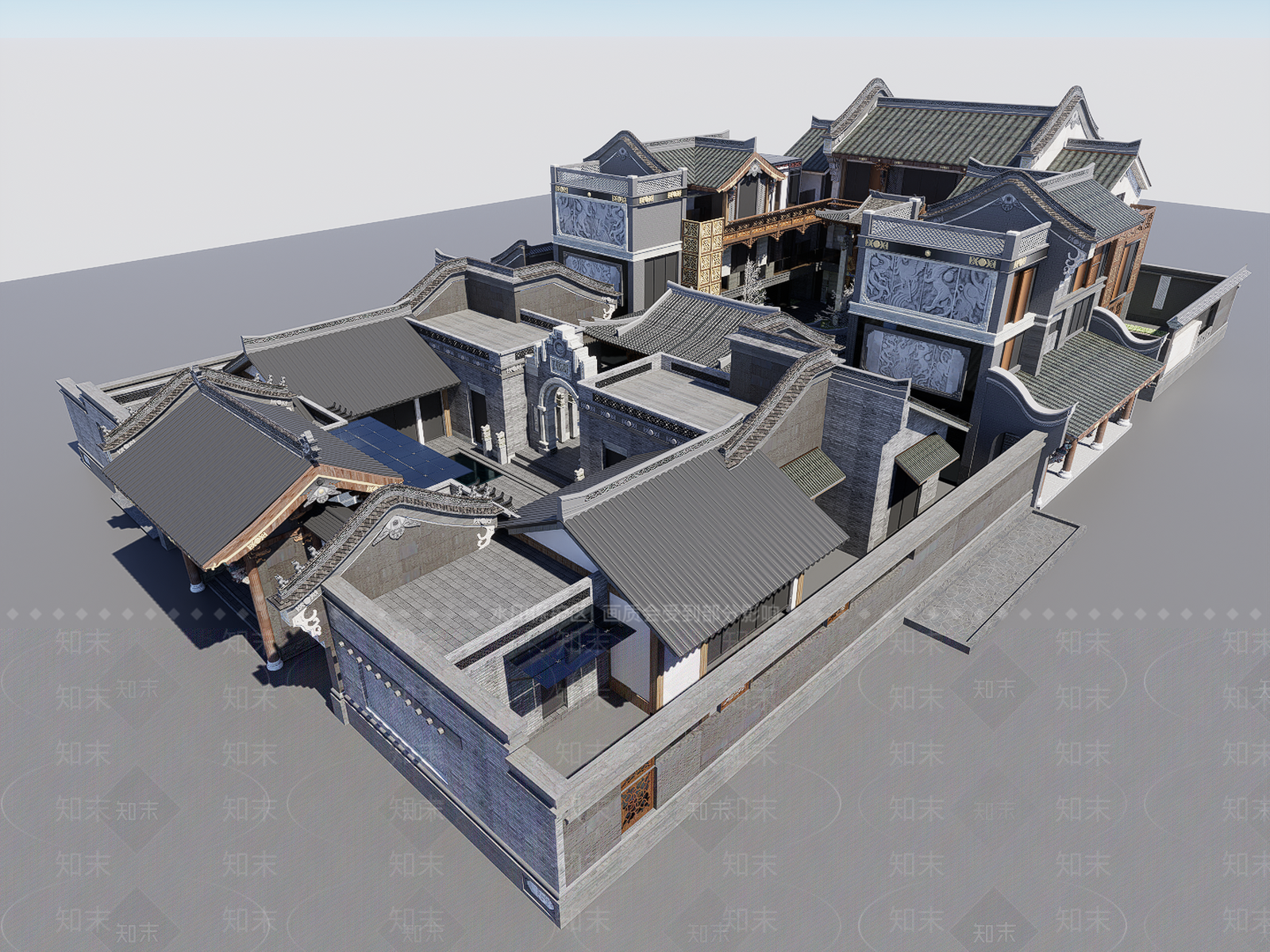 新中式中式风格建筑SU模型下载【ID:1203375287】
