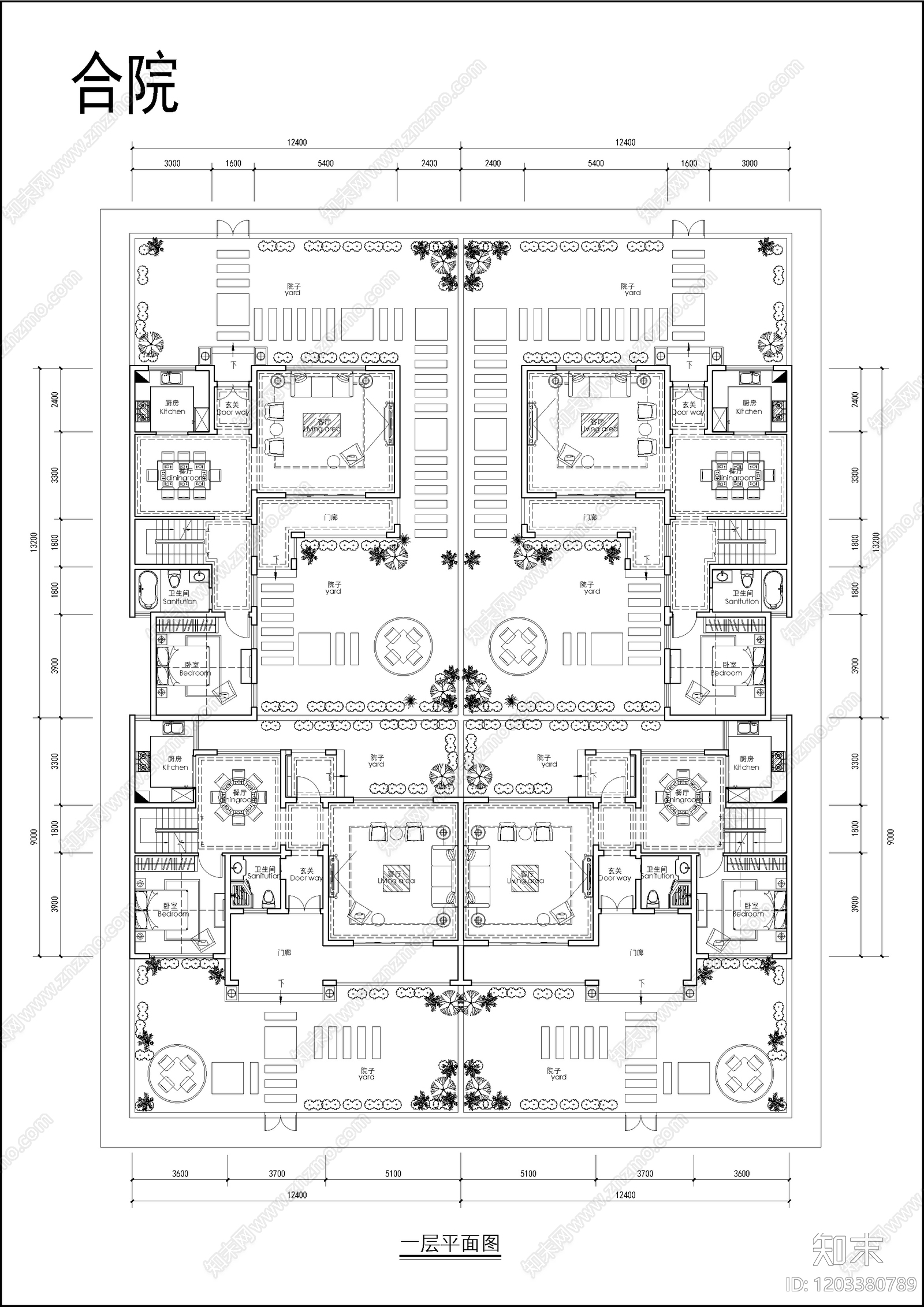 现代新中式四合院施工图下载【ID:1203380789】