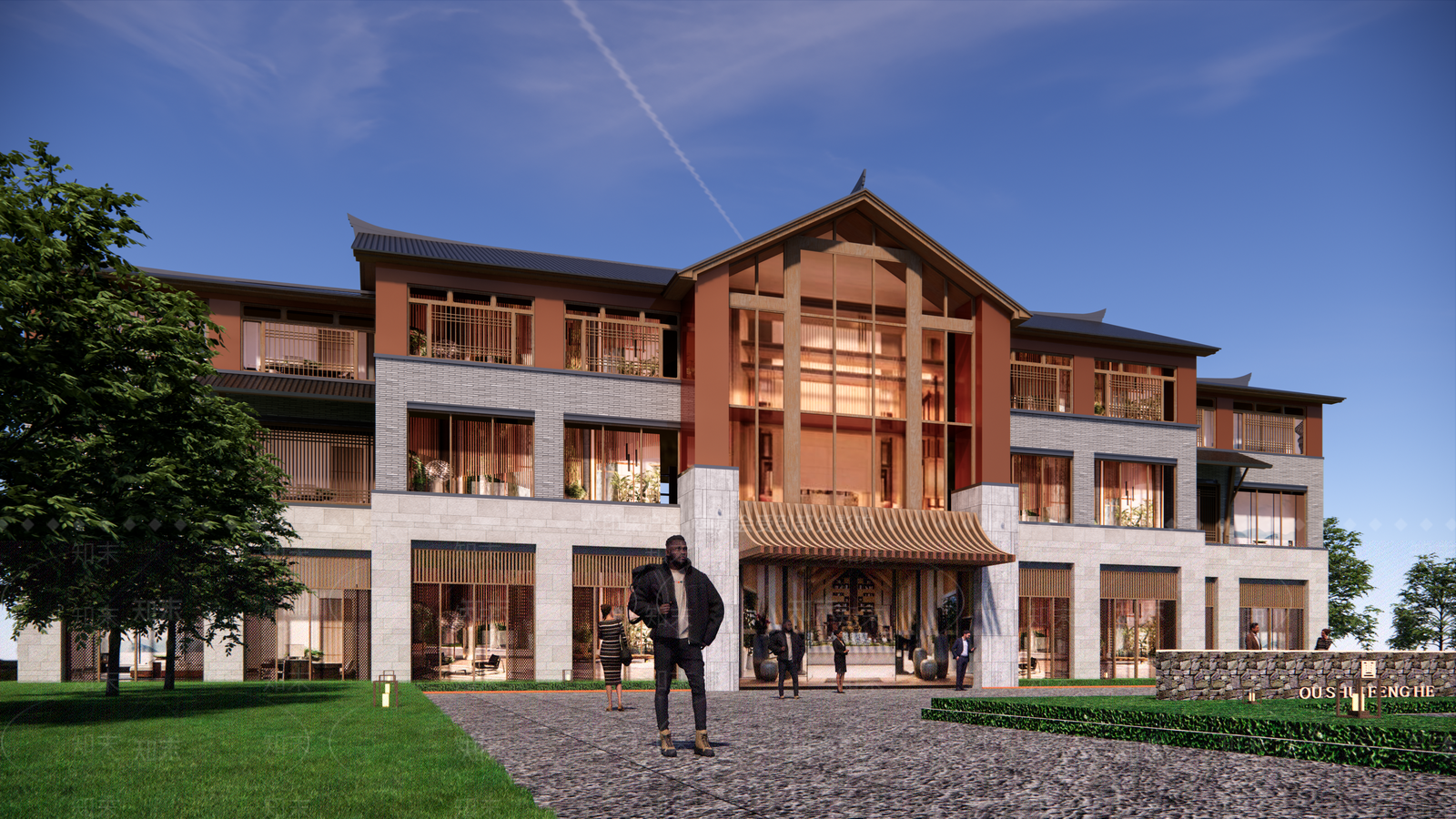 新中式酒店建筑SU模型下载【ID:1203380787】