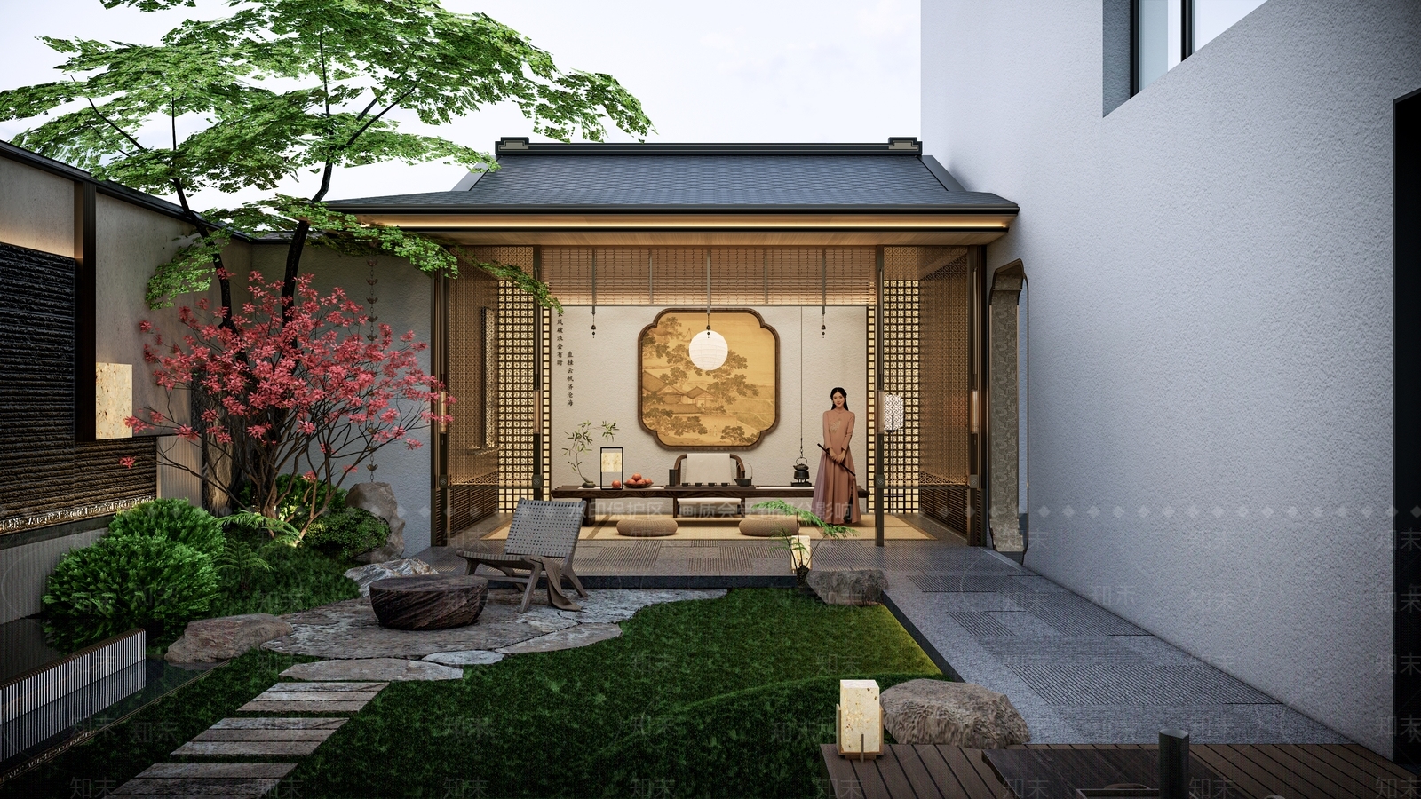 新中式中古庭院小品SU模型下载【ID:1203389420】