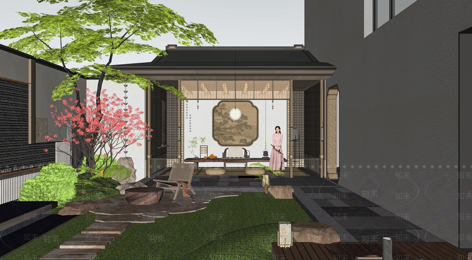 新中式中古庭院小品SU模型下载【ID:1203389420】