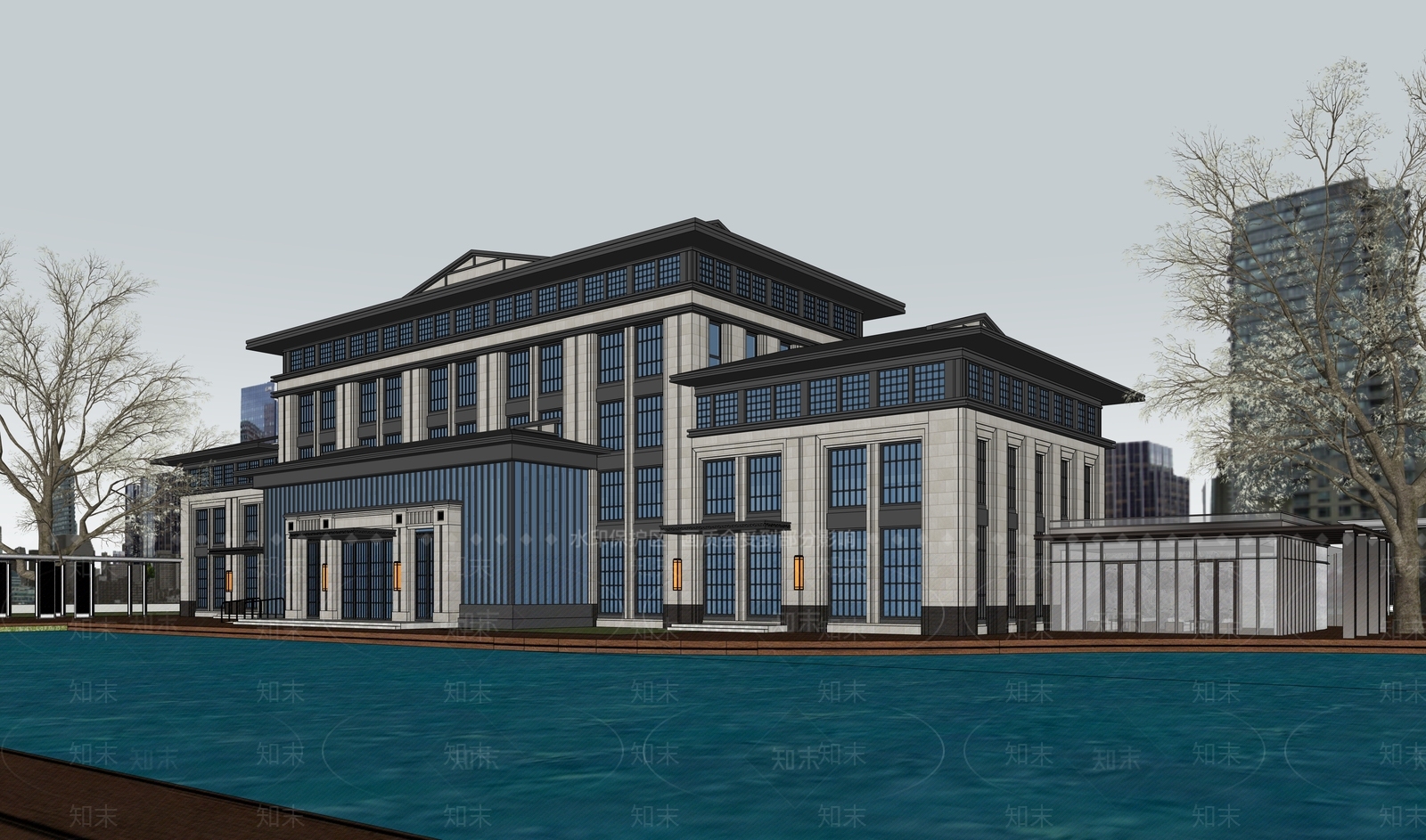 新中式中式售楼处建筑SU模型下载【ID:1203393545】