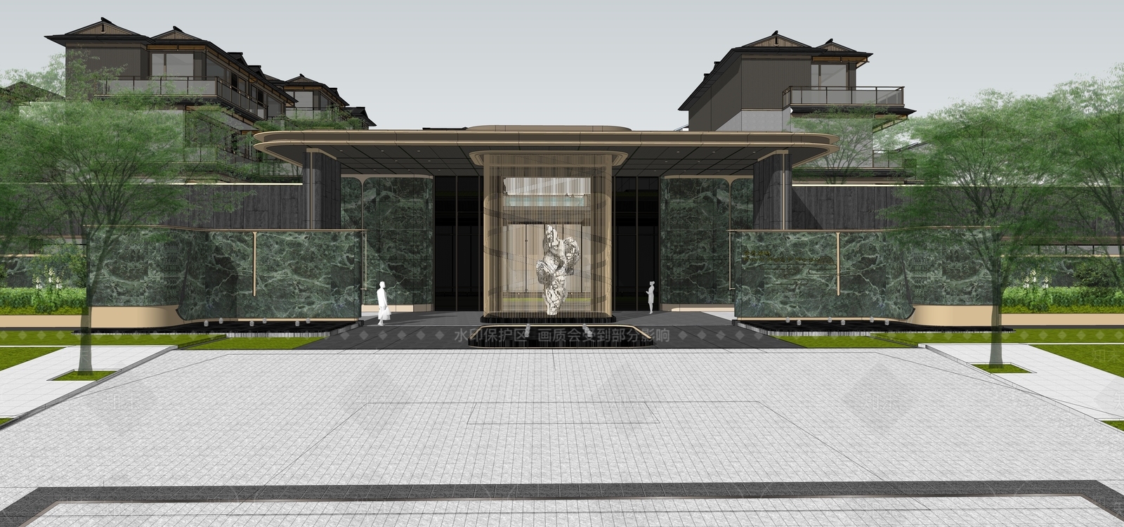 新中式中式售楼处建筑SU模型下载【ID:1203410357】