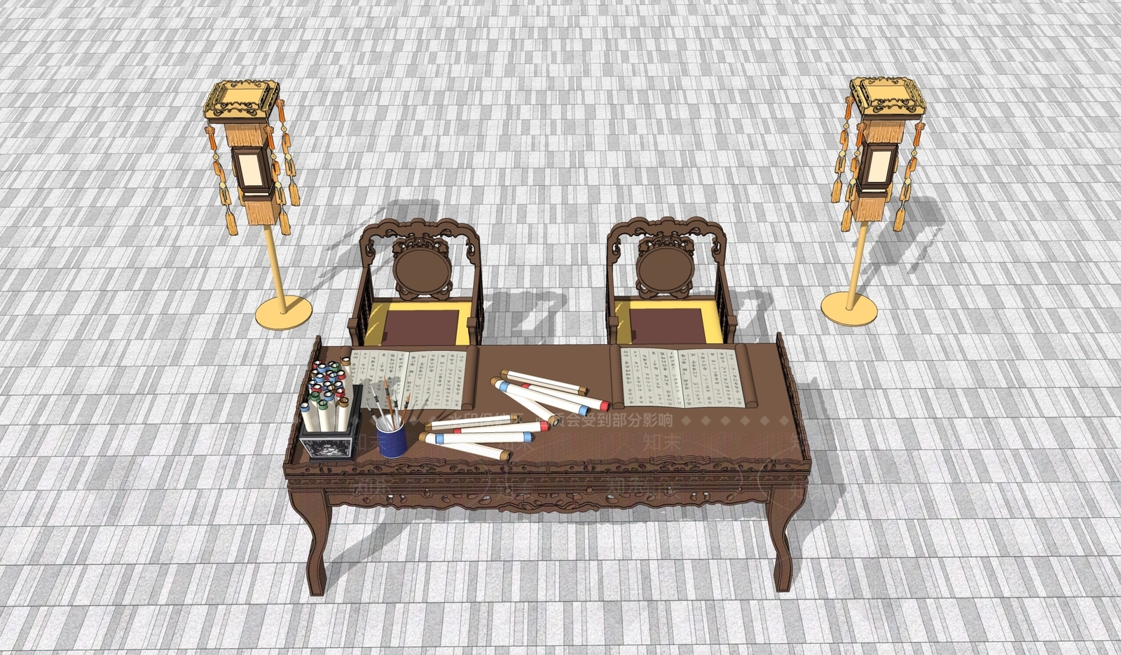 中式书桌SU模型下载【ID:1203413840】
