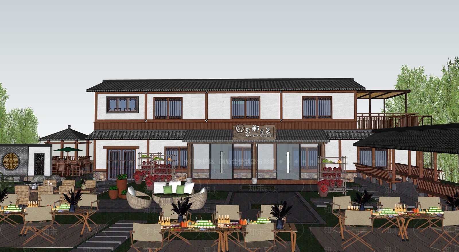 新中式民宿建筑SU模型下载【ID:1203419739】