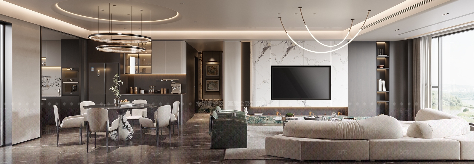 现代大平层客餐厅3D模型下载【ID:1203435198】