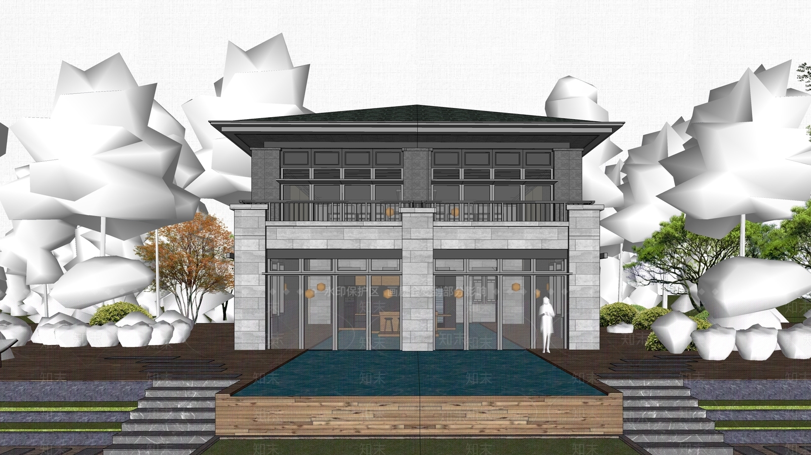 新中式民宿建筑SU模型下载【ID:1203435815】