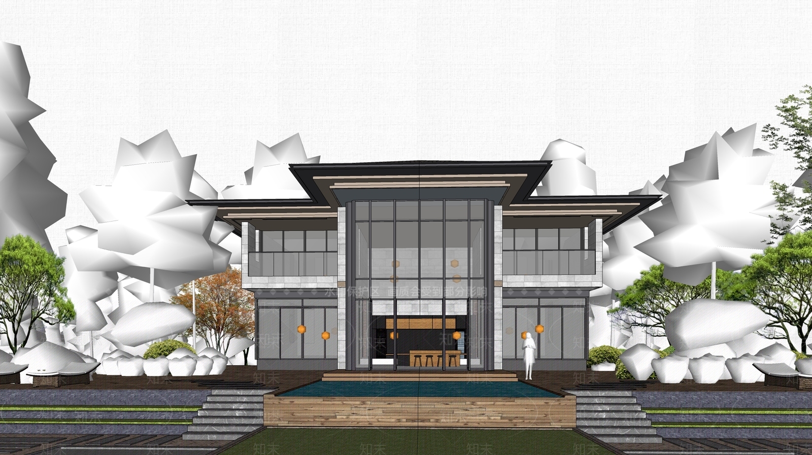 新中式民宿建筑SU模型下载【ID:1203435829】