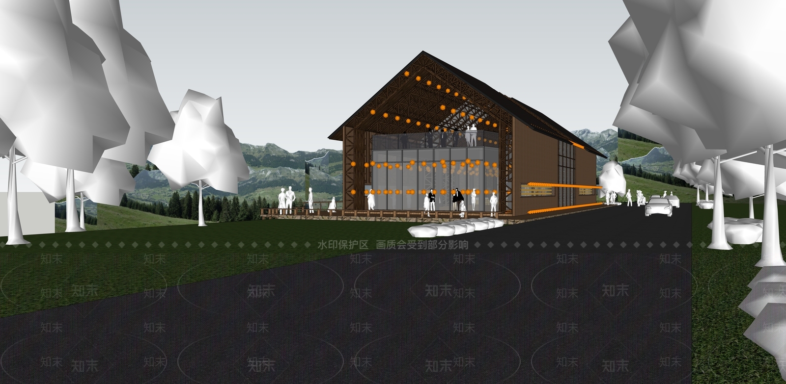 新中式民宿建筑SU模型下载【ID:1203438451】