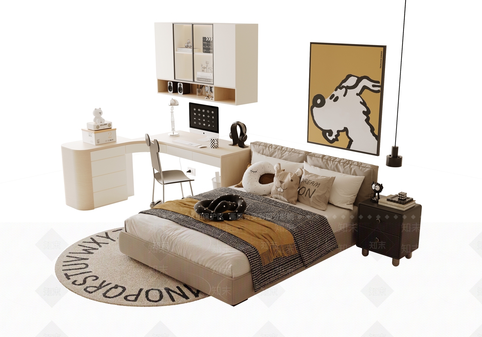 现代奶油儿童床SU模型下载【ID:1203492418】