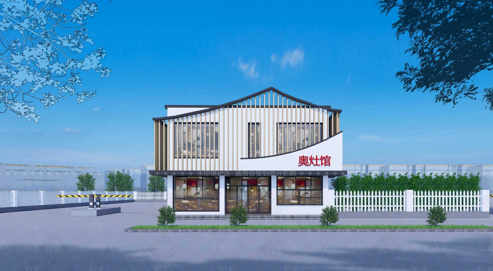 新中式现代餐饮建筑SU模型下载【ID:1203506225】
