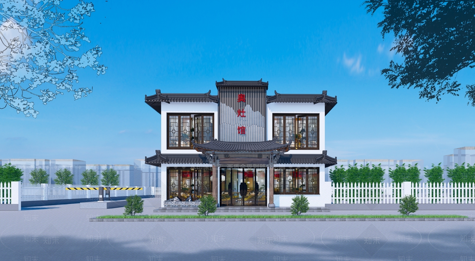 新中式现代餐饮建筑SU模型下载【ID:1203506225】