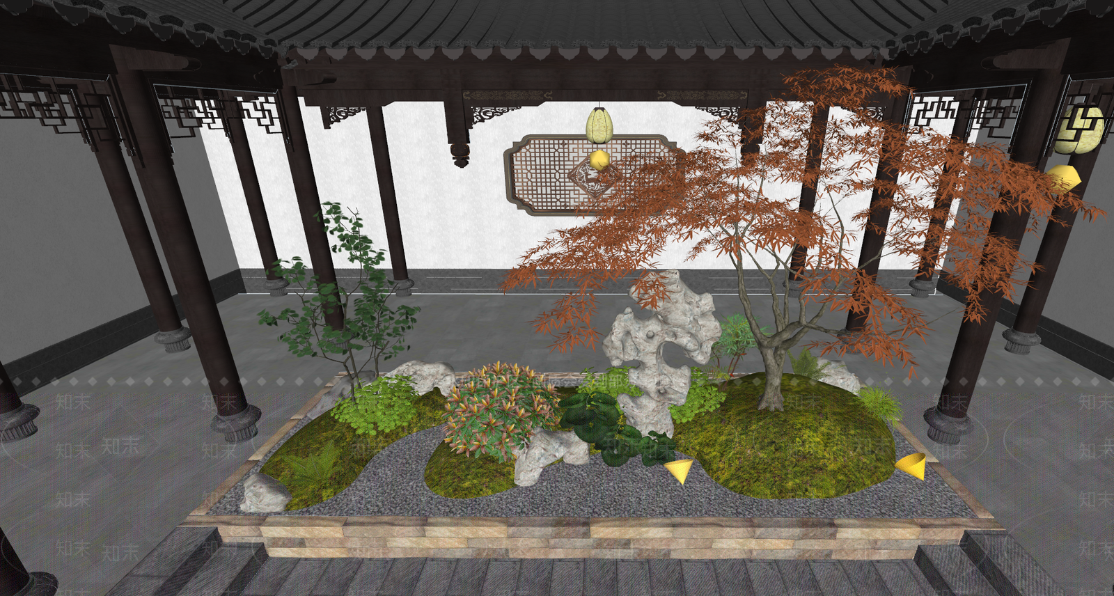 新中式禅意庭院小品SU模型下载【ID:1203521493】
