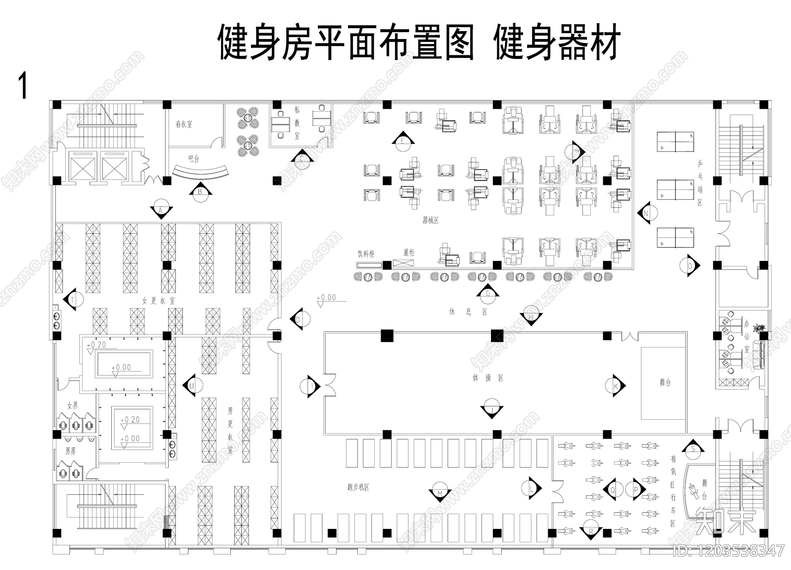 现代极简健身房施工图下载【ID:1203538347】