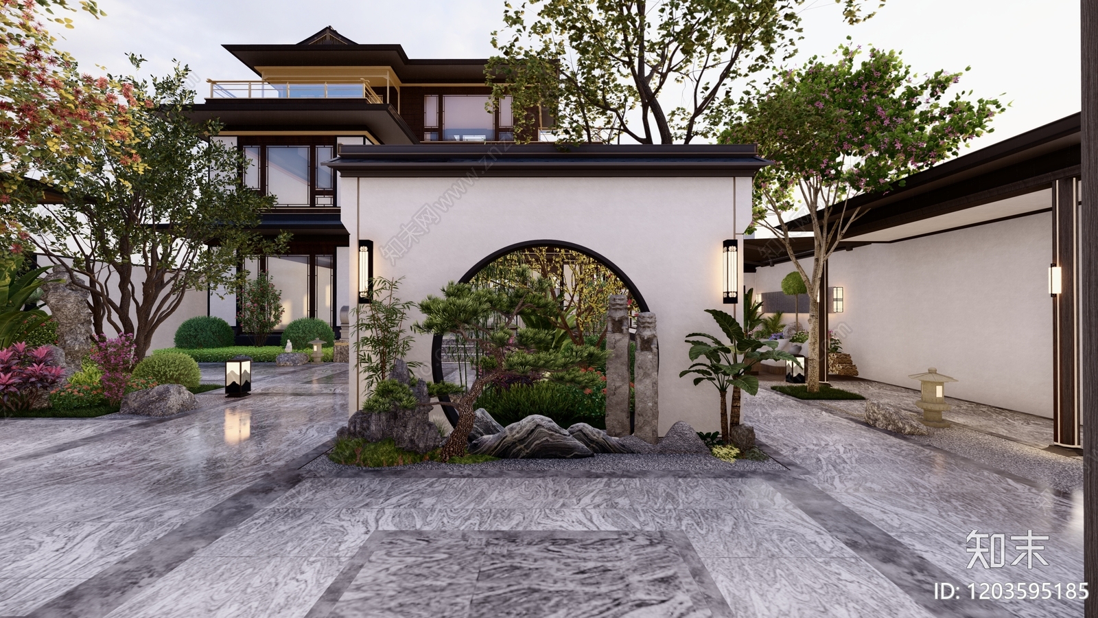 新中式中古别墅庭院SU模型下载【ID:1203595185】