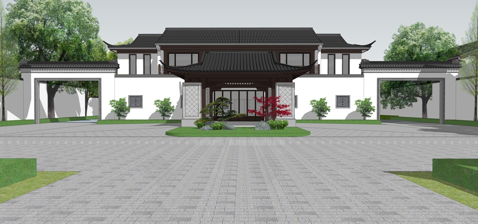 新中式中式售楼处建筑SU模型下载【ID:1203598486】