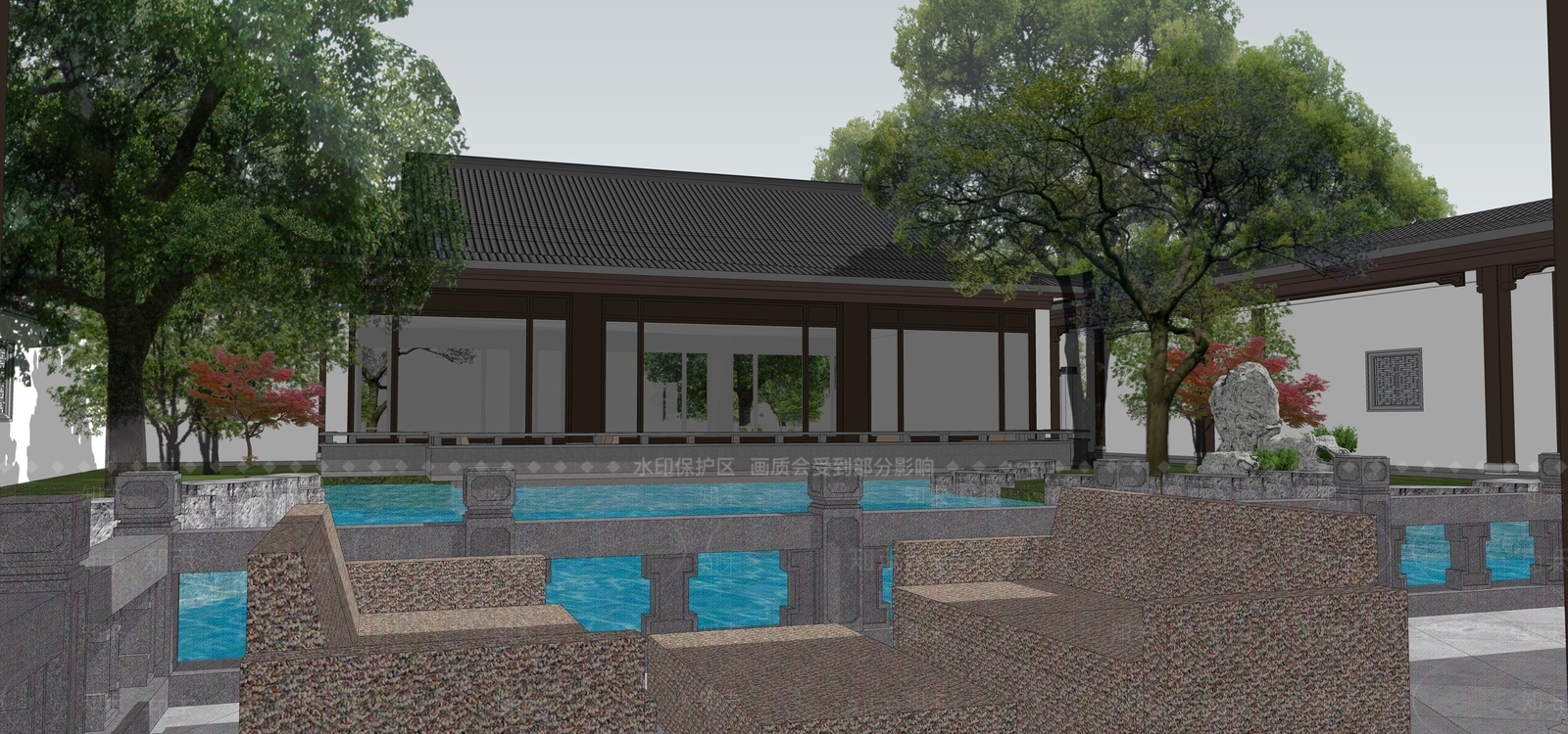 新中式中式售楼处建筑SU模型下载【ID:1203598486】