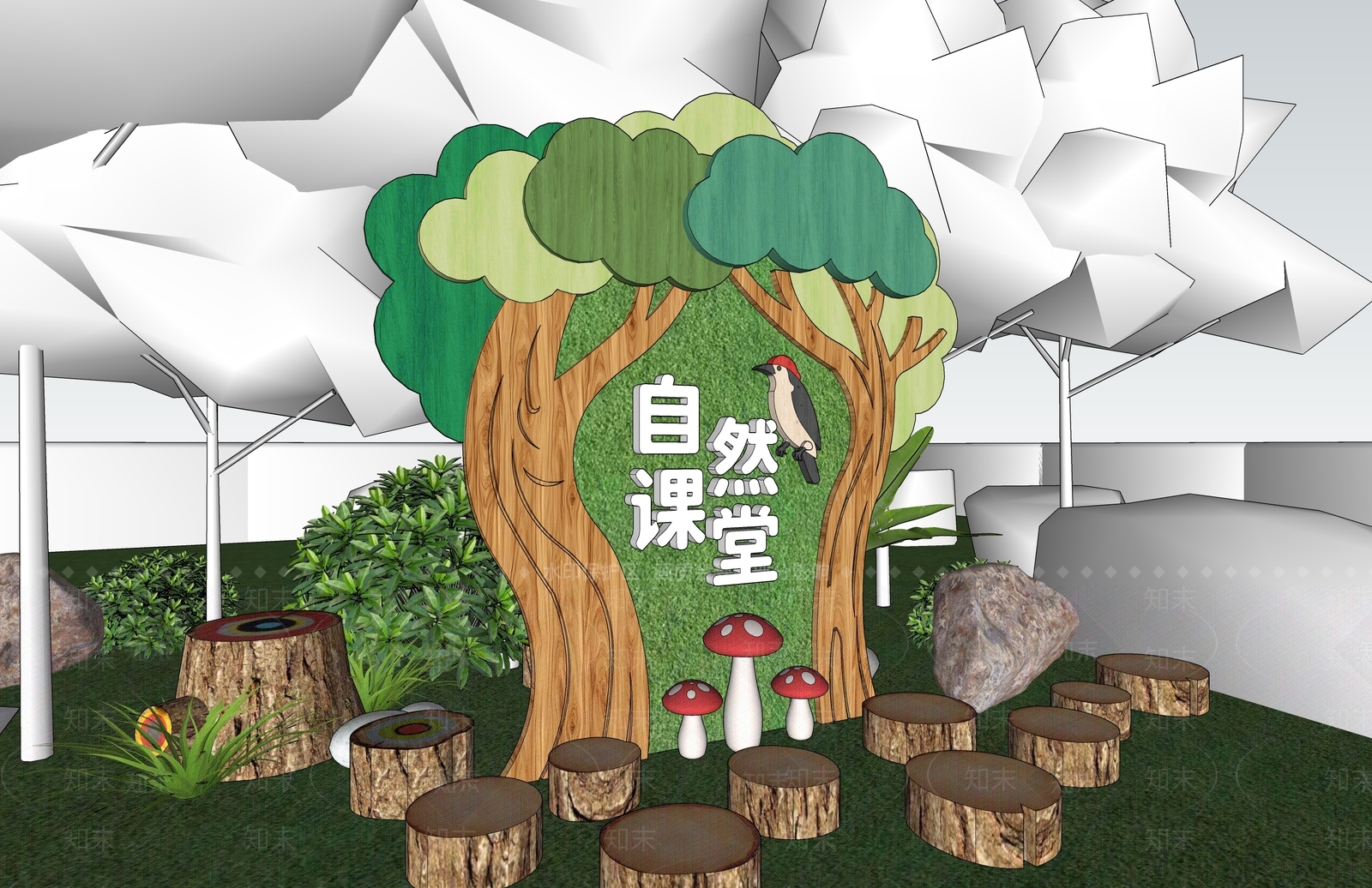 现代原木教育校园景观SU模型下载【ID:1203600050】