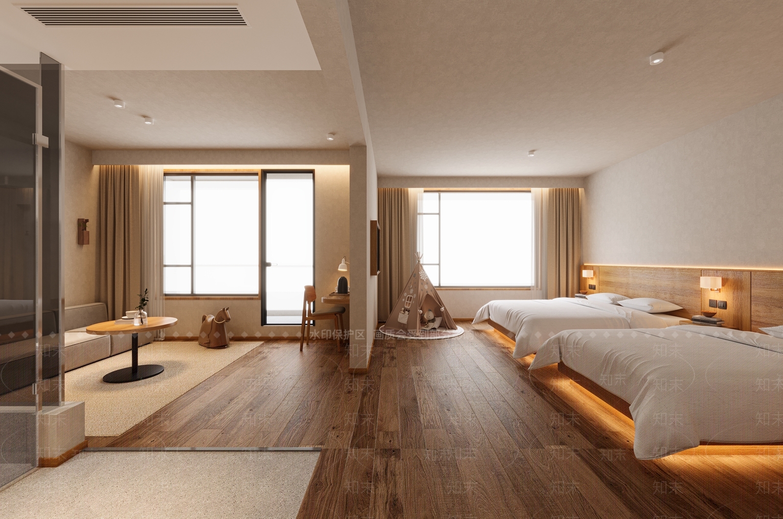 现代原木民宿客房3D模型下载【ID:1203600698】