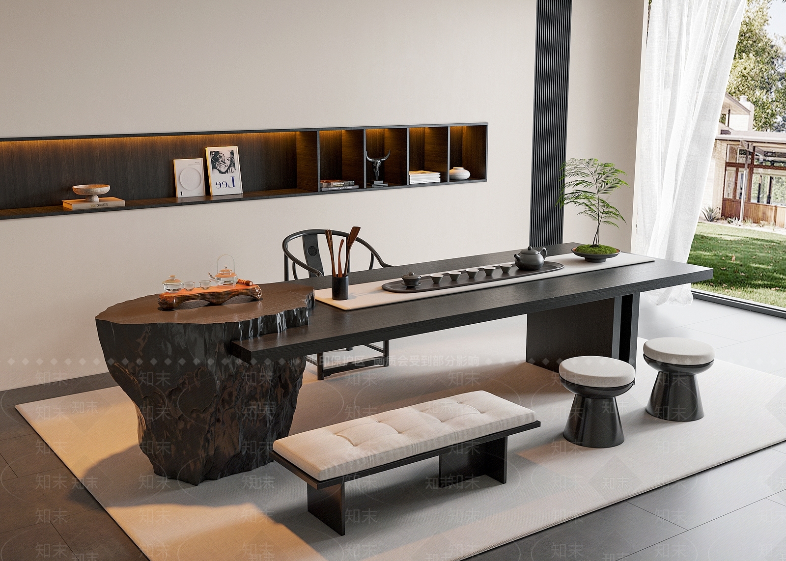 现代新中式茶桌椅3D模型下载【ID:1203606796】