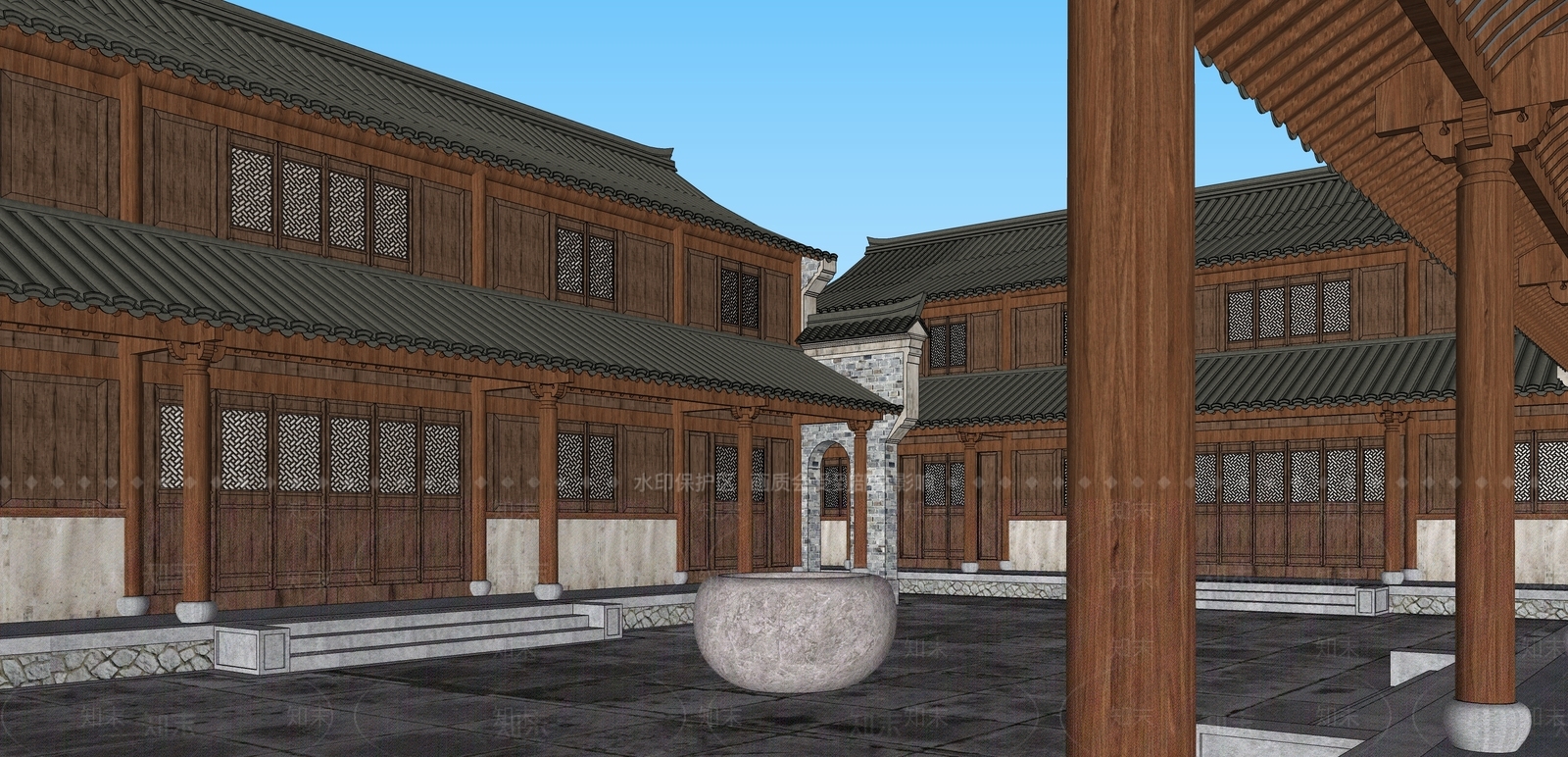 中式新中式古建筑SU模型下载【ID:1203611536】