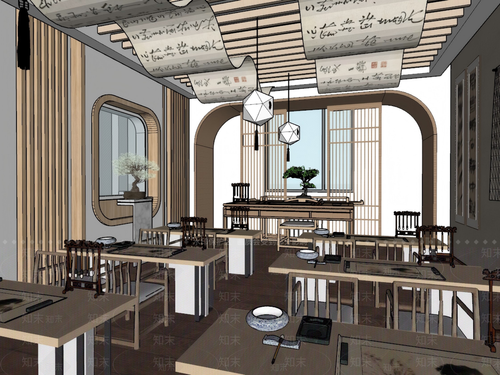 新中式原木其他学校空间SU模型下载【ID:1203615468】