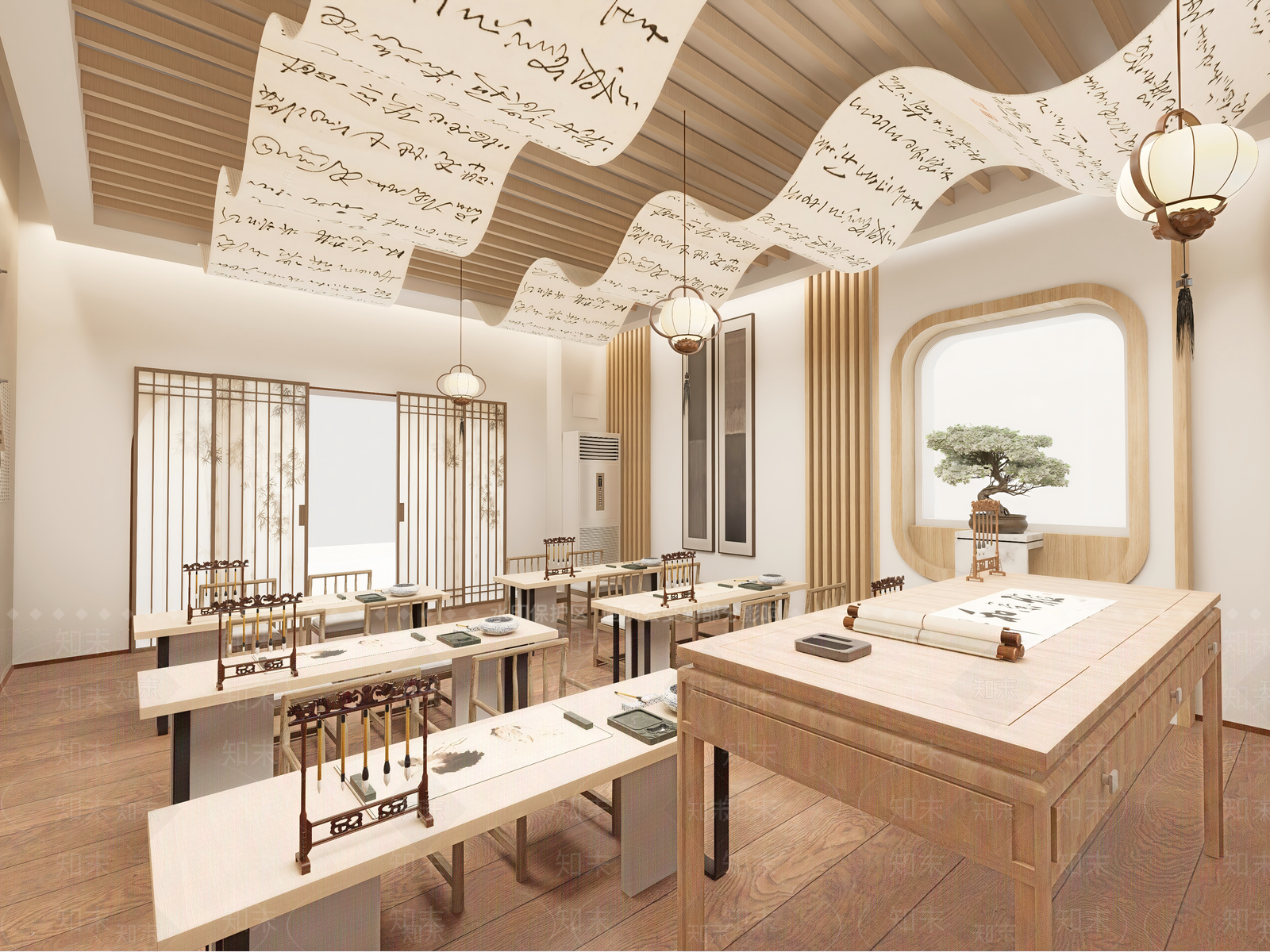新中式原木其他学校空间SU模型下载【ID:1203615468】