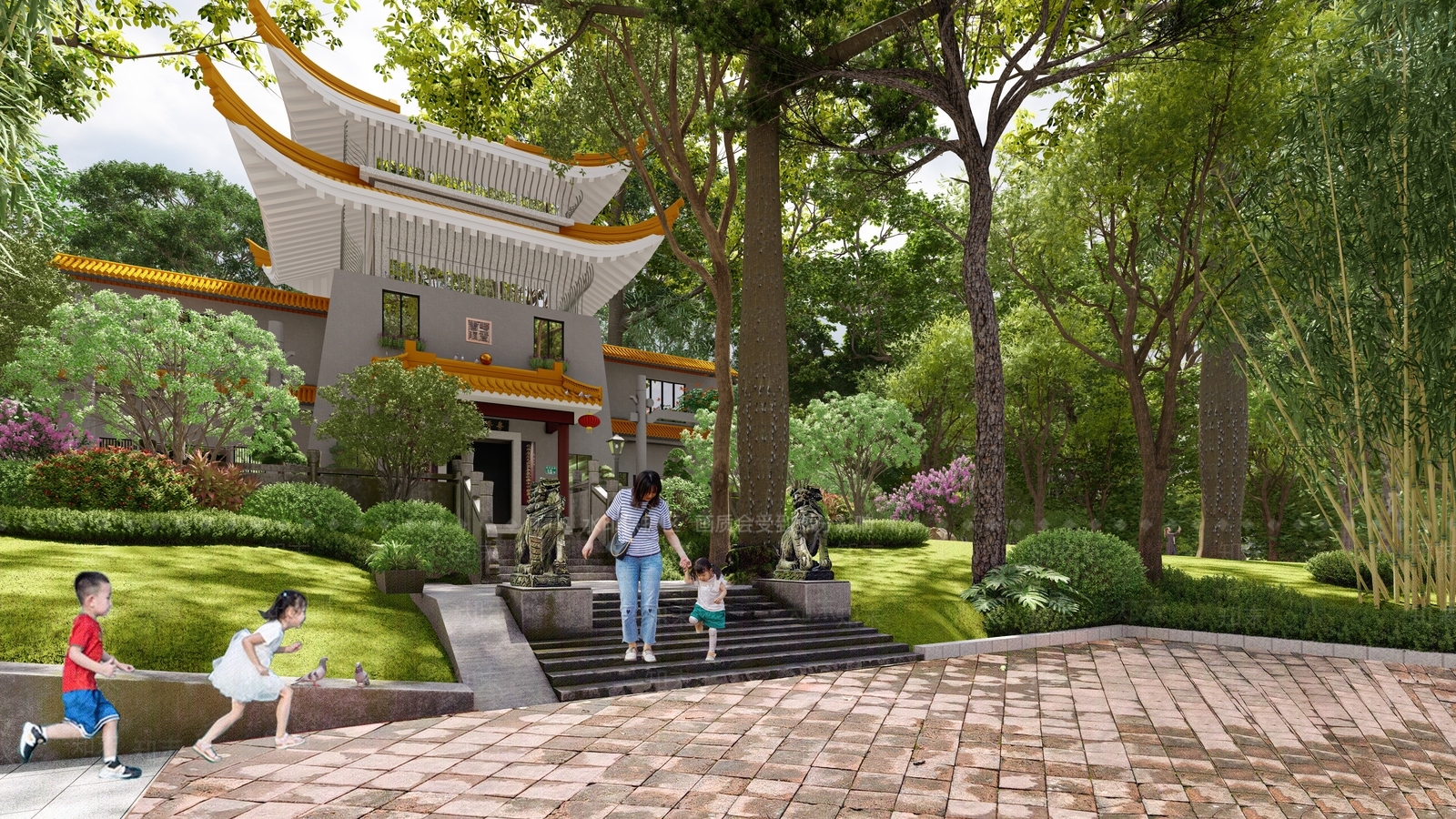 现代新中式古建筑SU模型下载【ID:1203834373】