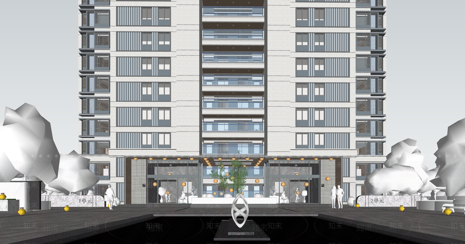 现代新中式小区建筑SU模型下载【ID:1203647513】