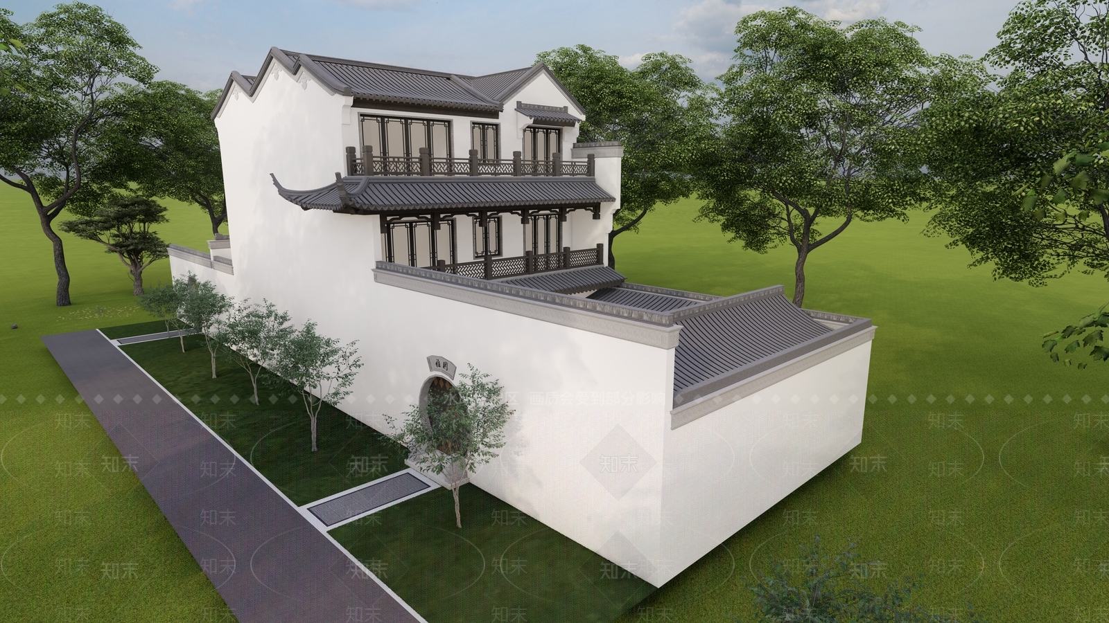 中式新中式独栋别墅SU模型下载【ID:1203835770】