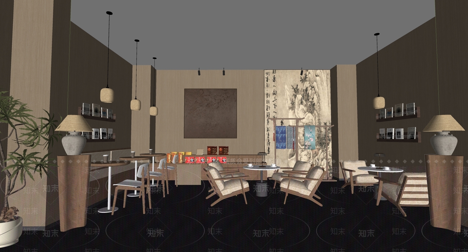 新中式侘寂咖啡厅SU模型下载【ID:1203653196】