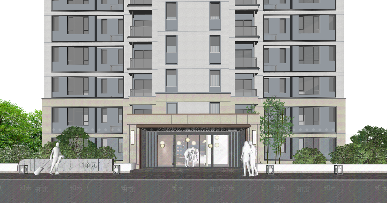 现代新中式小区建筑SU模型下载【ID:1203661919】