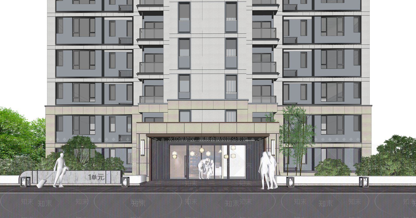现代新中式小区建筑SU模型下载【ID:1203661919】