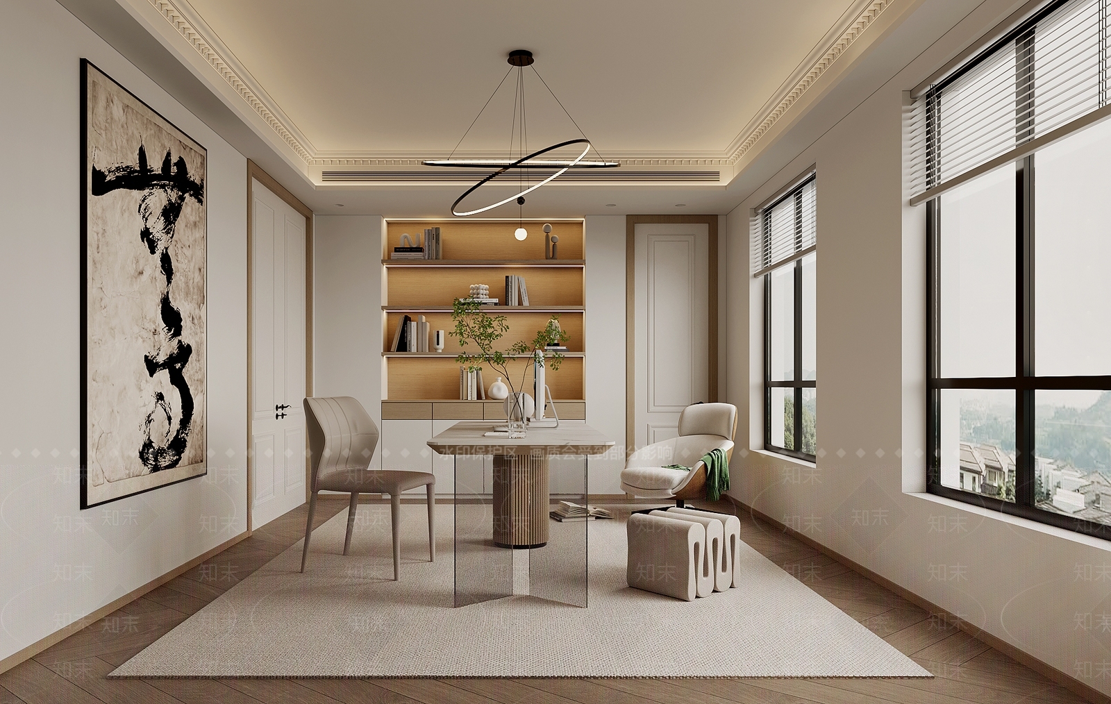 现代奶油书房3D模型下载【ID:1203664791】
