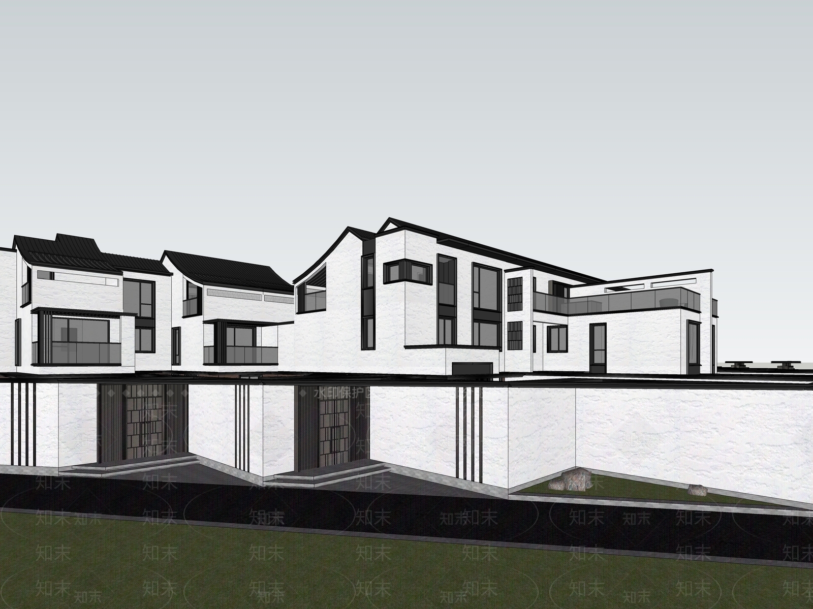 现代中式小区建筑SU模型下载【ID:1203674577】