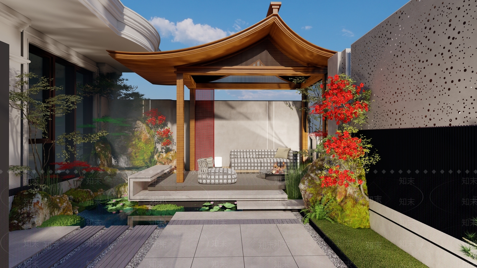 新中式复古屋顶花园SU模型下载【ID:1203700747】